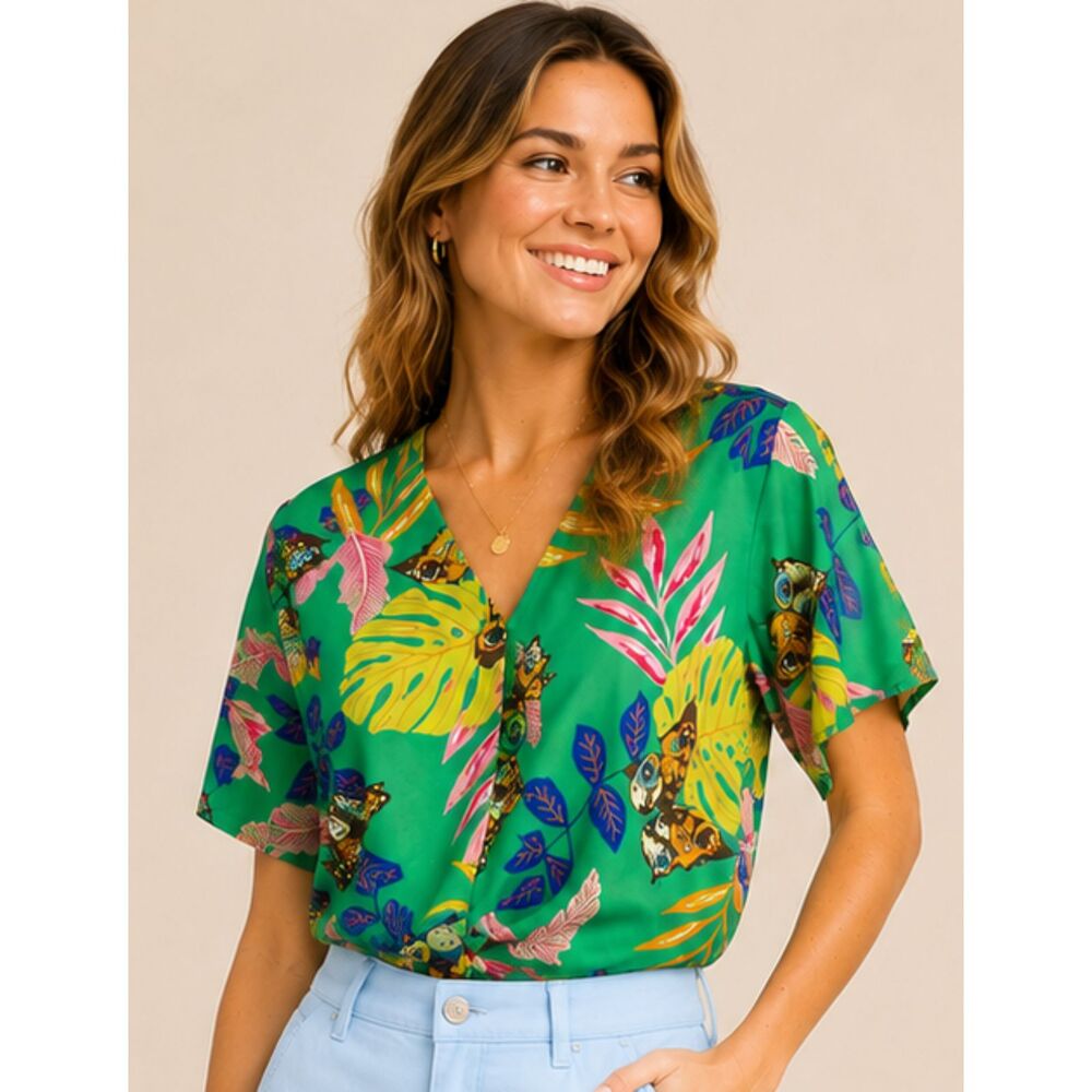 New Gigio M 8 10 Jade Green Tropical Butterfly Tie Front Short Sleeve Top Cruise